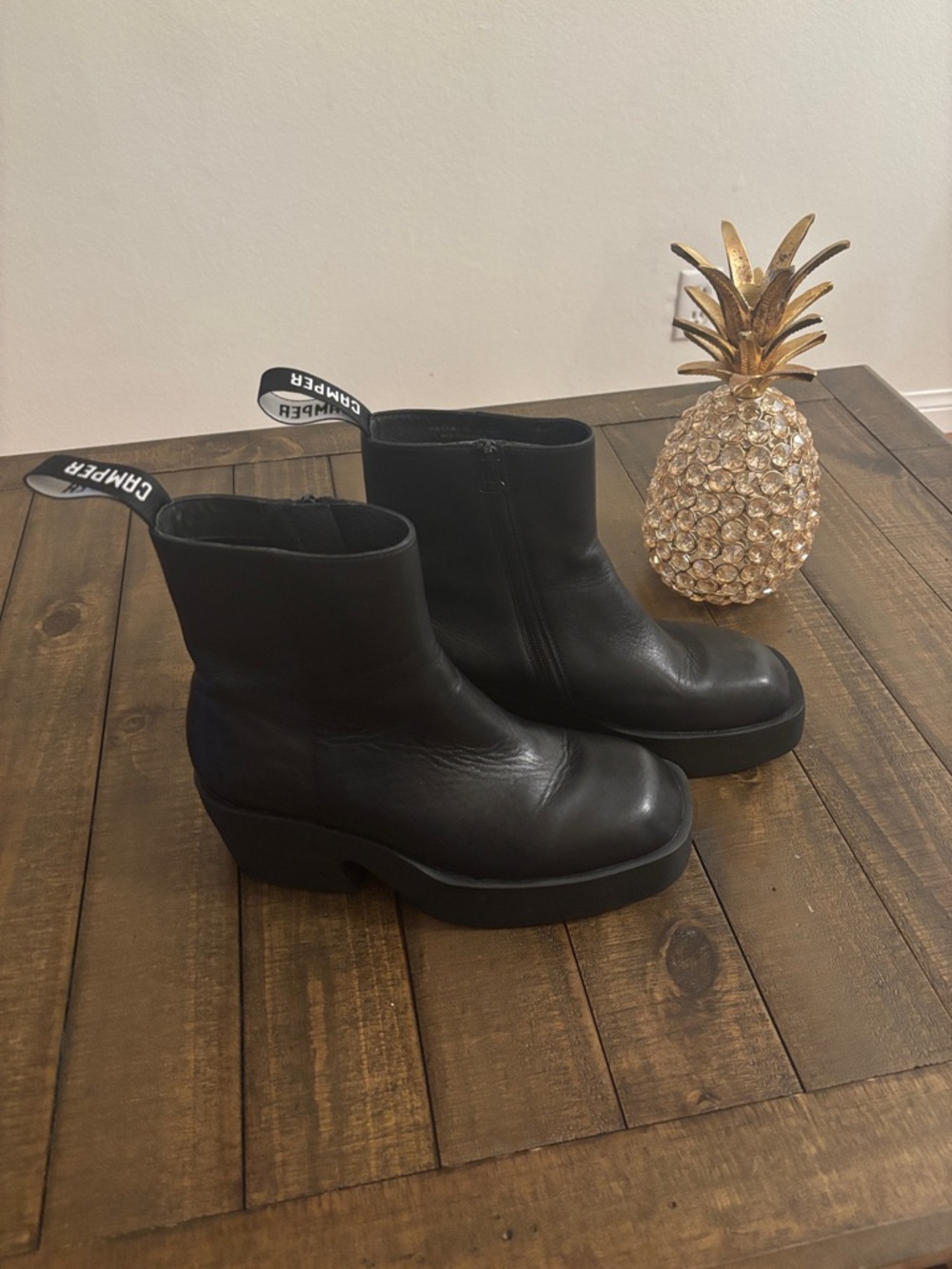Camper Black Leather Platform Ankle Boots